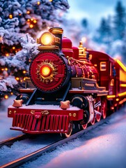 Festive Red Toy Train in Winter Wonderland