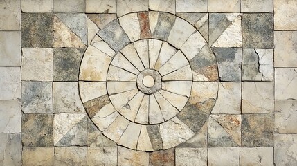 weathered mosaic tile pattern, faded vintage ornamental design, soft beige and gray tones, antique decorative elements, mediterranean style tiles, distressed surface texture, panoramic composition,