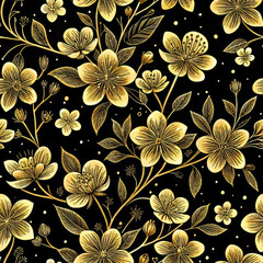 Golden Cherry Blossom Seamless Pattern (Sakura) on Black Background