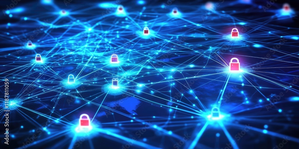 Poster a cybersecurity framework diagram featuring interconnected nodes, illuminated lines, and padlock ico