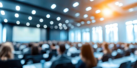 Blurred image of a corporate seminar populated by a large number of attendees, with an abstract background and soft lighting.