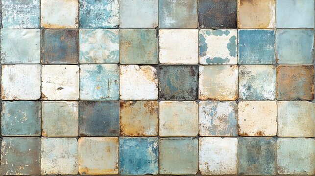 distressed ceramic tile panorama, antique patchwork patterns, weathered porcelain surface, faded ornamental designs, soft blue and beige tones, traditional geometric motifs, vintage wall texture