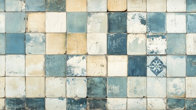 distressed ceramic tile panorama, antique patchwork patterns, weathered porcelain surface, faded ornamental designs, soft blue and beige tones, traditional geometric motifs, vintage wall texture
