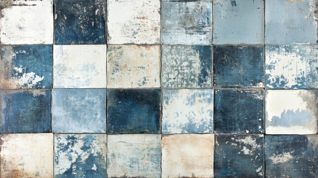 distressed ceramic tile panorama, antique patchwork patterns, weathered porcelain surface, faded ornamental designs, soft blue and beige tones, traditional geometric motifs, vintage wall texture