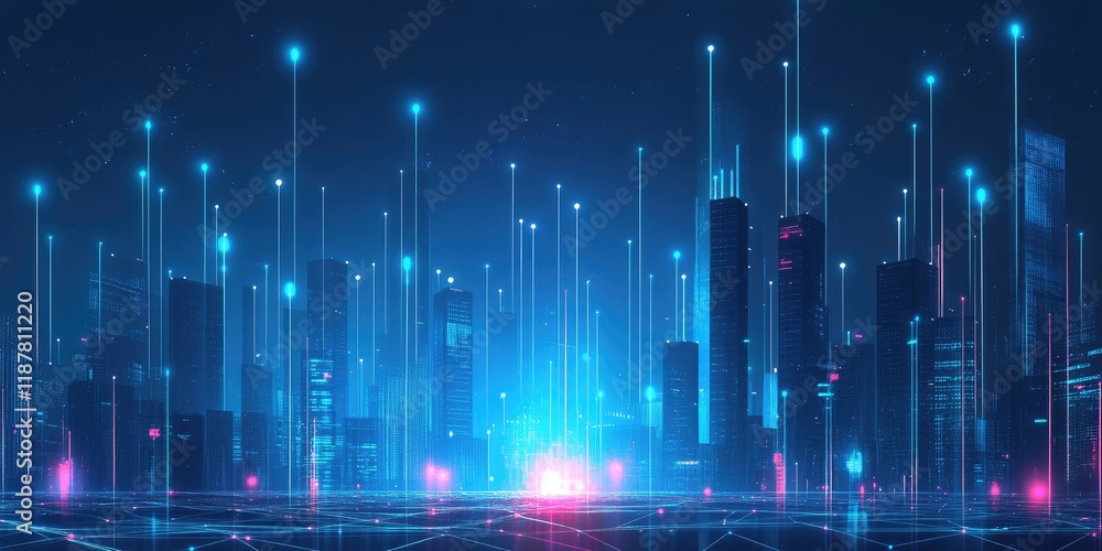 Poster A futuristic business network characterized by neon lines connecting data points throughout a city skyline, representing interconnected solutions.