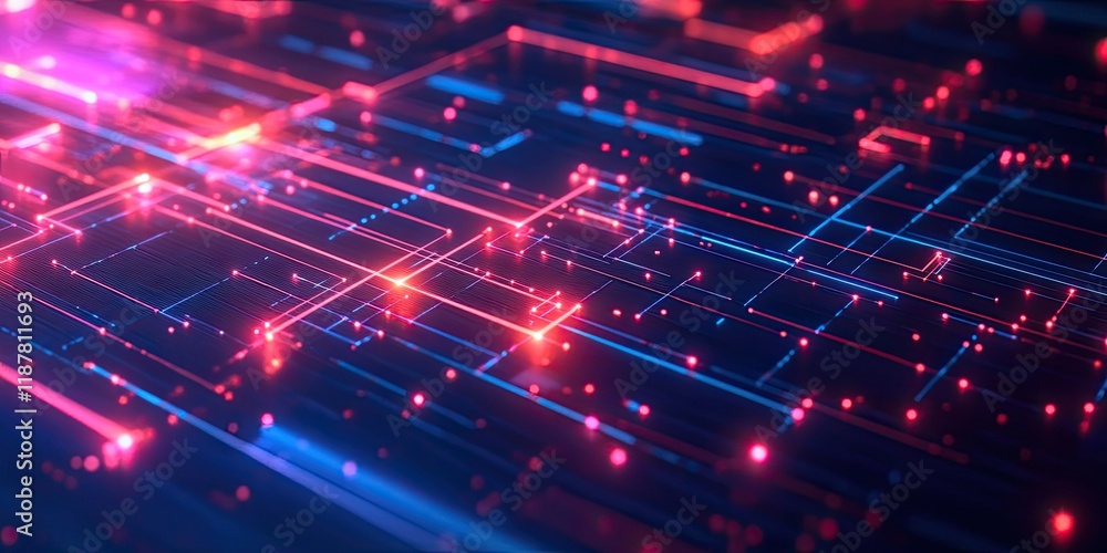 Poster An abstract tech background showcasing lines and glowing nodes linking various business icons, representing network strategy.