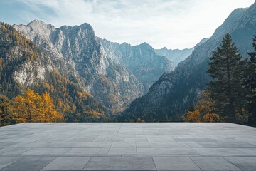Mountain view, autumnal valley, empty plaza, scenic backdrop, advertisement