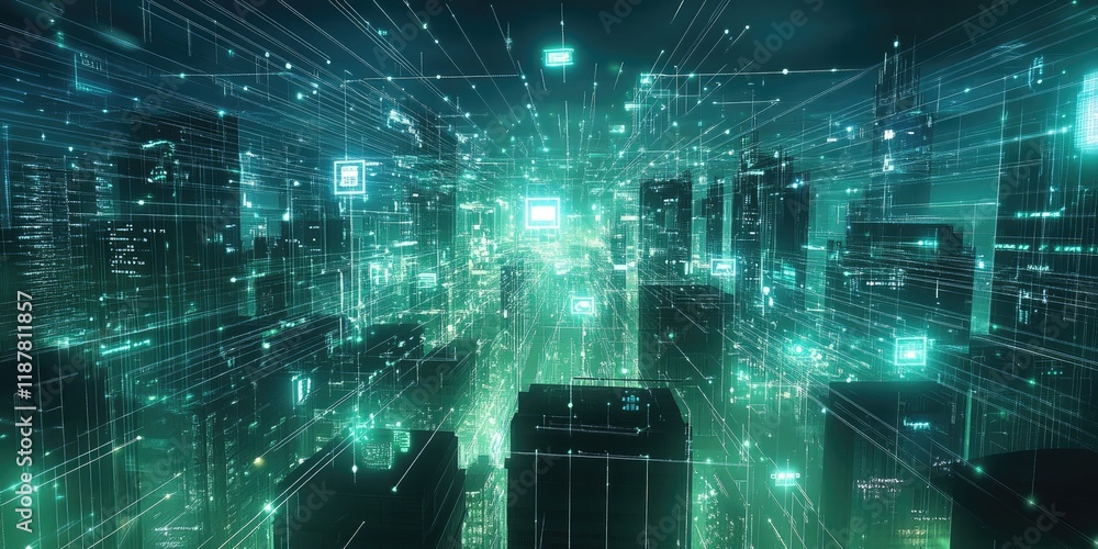 Poster a digital city network illustrated with radiant lines connecting different smart devices and buildin
