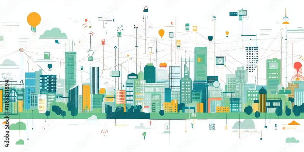 Poster a digital city network illustrated with radiant lines connecting different smart devices and buildin