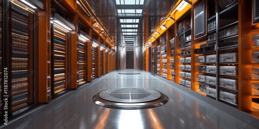 Poster an advanced data archiving facility featuring automated systems that ensure efficient storage and ea