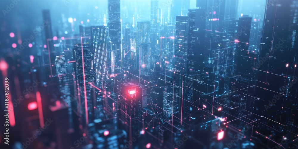 Aufkleber a digital cityscape displaying lines connecting smart devices and internet icons, symbolizing iot an
