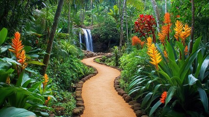 Obraz premium Winding path through lush tropical garden with waterfall.