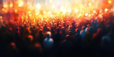 Naklejka premium Defocused depiction of a press conference attended by a large crowd, highlighted by abstract lighting.