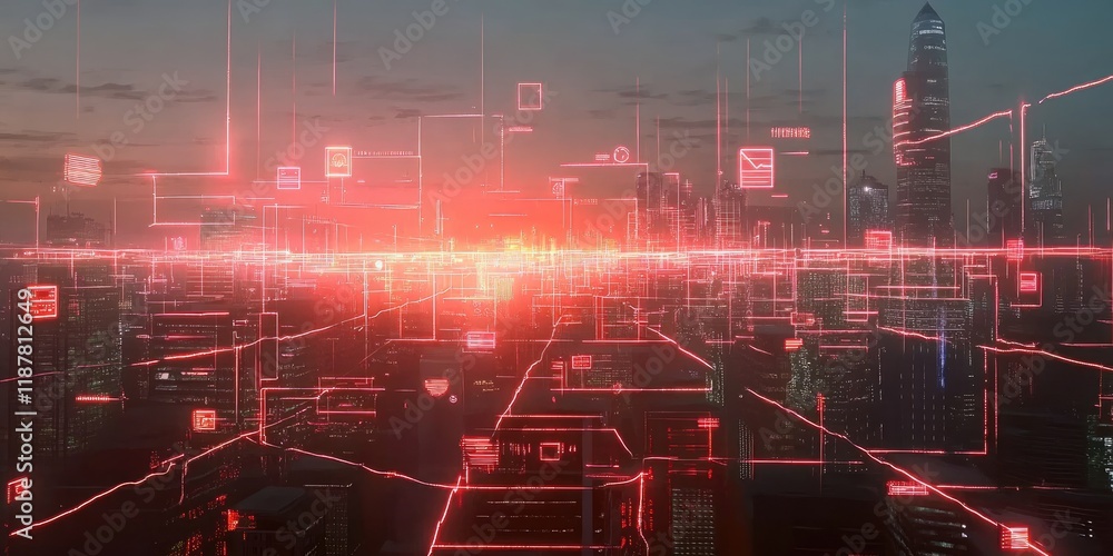 Poster a futuristic business network with neon lines connecting devices and icons across a city skyline, re