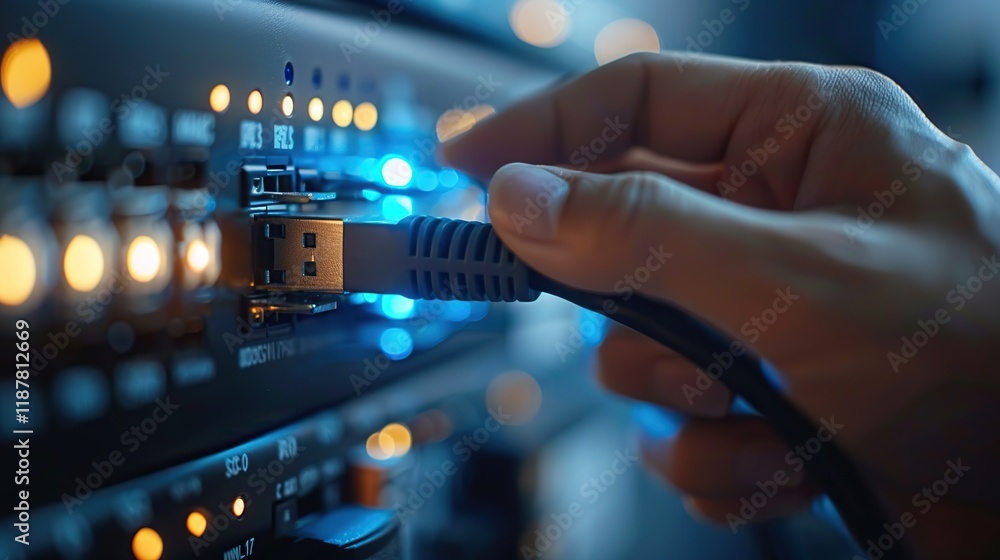 Poster hands connecting ethernet cable to network socket for seamless internet connectivity