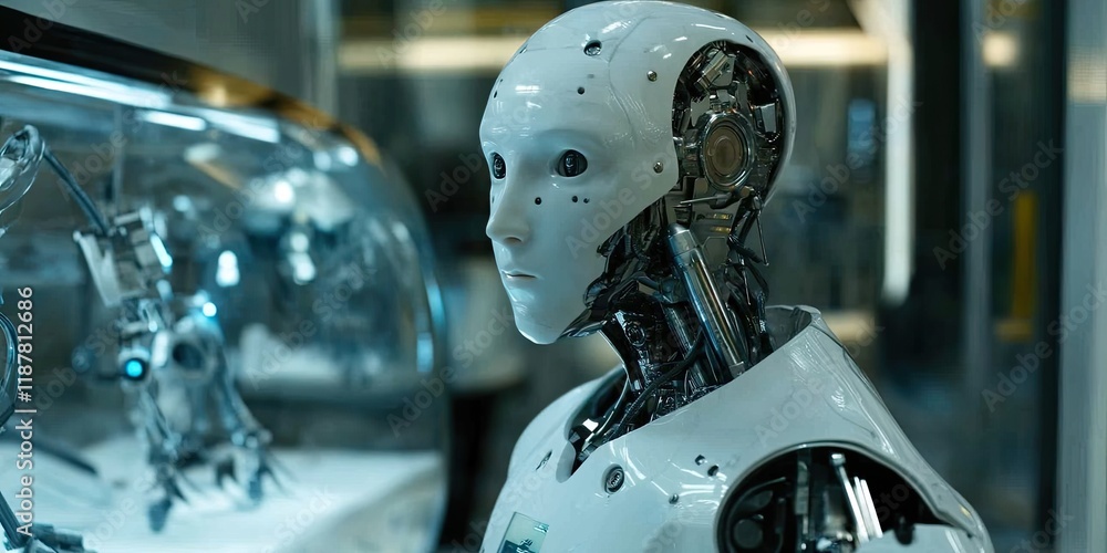 Aufkleber an advanced cybernetics laboratory housing sophisticated robotic prototypes where scientists explore