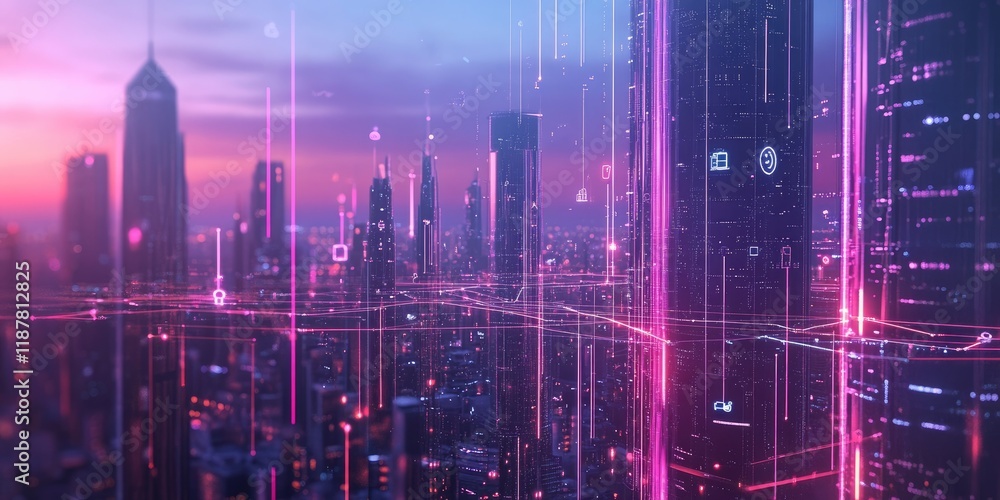 Poster a futuristic business network with neon lines connecting devices and icons across a city skyline, re