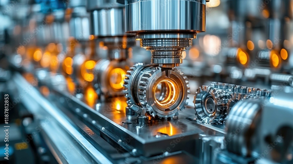 Aufkleber high-precision automated gear manufacturing: close-up view of industrial machinery and robotic assem