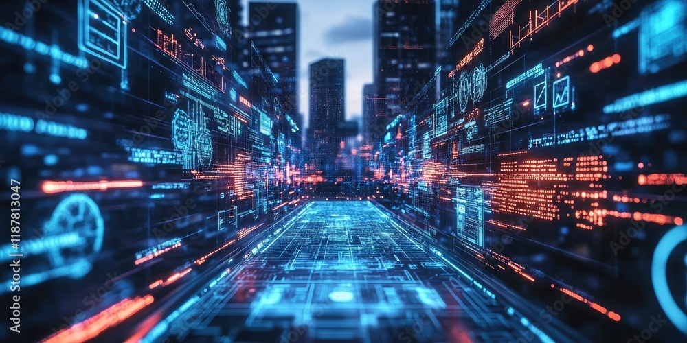 Poster a futuristic digital communication hub featuring advanced holographic displays that promote global c