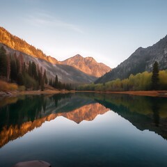 Mountain Lake Reflection At Sunrise Golden Hour