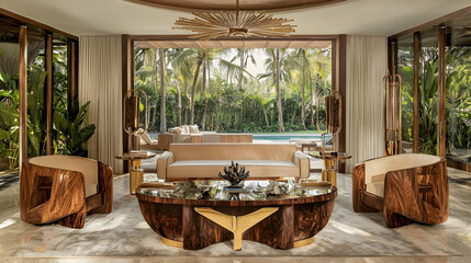 Fototapeta premium Luxurious living room, tropical view, wooden furniture, modern design, poolside relaxation, interior design