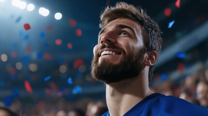 Fototapeta premium Joyful Male Sports Fan with Beard Celebrating Victory in Stadium Surrounded by Colorful Confetti and Lights