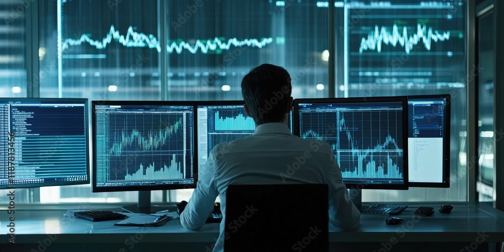 Aufkleber A business analyst working on financial projections, utilizing dual monitors with detailed charts in a modern office layout.