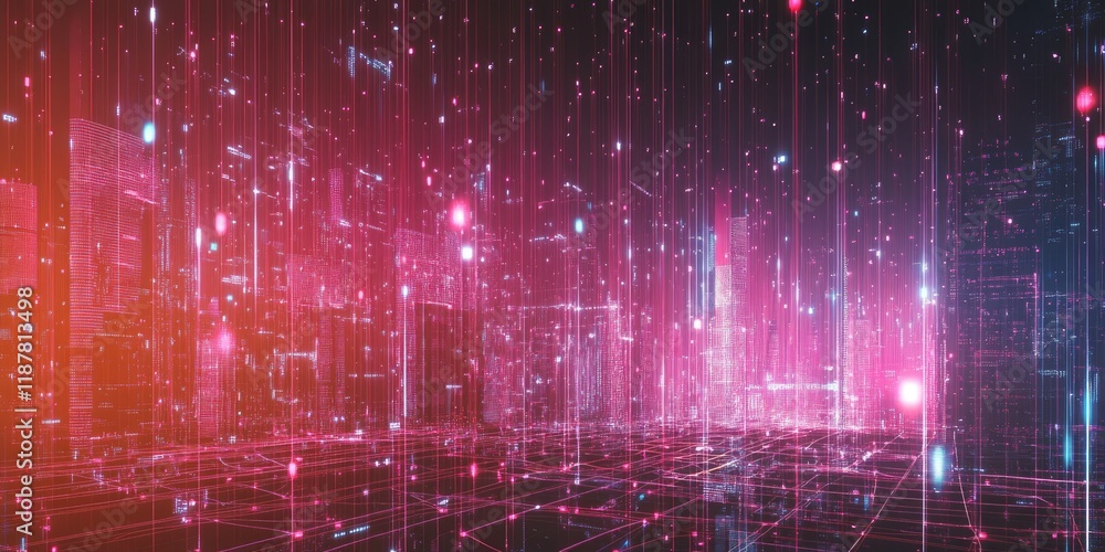 Poster a digital city network with lines connecting various smart devices and individuals, representing the