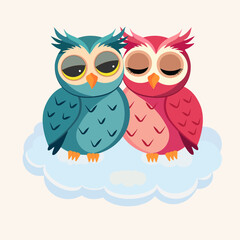 Owl couple in love on a cloud. Romantic owl illustration.