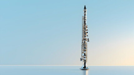 Silver soprano saxophone standing on a minimalist light blue background, ready for performance or studio recording