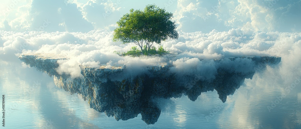 Poster a floating island with a lone tree among the clouds reflected in the water below. ideal for fantasy 