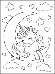 Unicorn Coloring Pages for Kids. Unicorn on a crescent moon. Printable Cute Unicorn Cartoon Characters for Children's Activity Books
