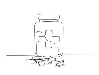 Continuous one line drawing of medicine tablet and pill. Medical drugs, vitamins, pharmacy in single line draw vector illustration. Editable stroke.