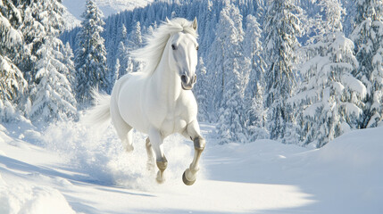 sleek grey Lipizzaner horse trotting through snow laden forest, showcasing its grace and beauty amidst winter landscape. scene evokes sense of tranquility and wonder