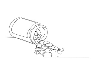 Continuous one line drawing of medicine tablet and pill. Medical drugs, pharmacy in single line draw vector illustration. Editable stroke.