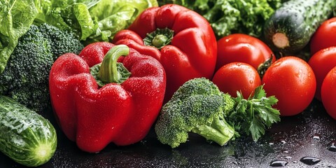 Fresh, vibrant vegetables red bell peppers, broccoli, tomatoes, cucumbers, and lettuce.