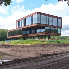 Fototapeta premium A modern house with sleek architecture, large glass windows, and a minimalist exterior stands under a bright blue sky, reflecting sunlight in its elegant design