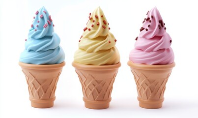 Three pastel ice cream cones with sprinkles.