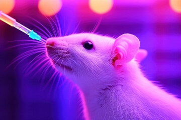 Close-Up of a White Laboratory Rat Under Neon Lights with a Syringe, Highlighting Features of Sensitivity and Research in a Colorful Environment