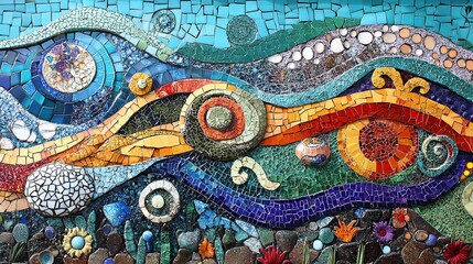 Vibrant mosaic artwork depicting flowing waves, circles, and floral elements.