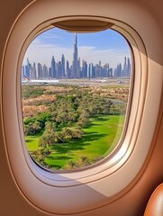 Aerial View from Airplane Window Over Cityscape