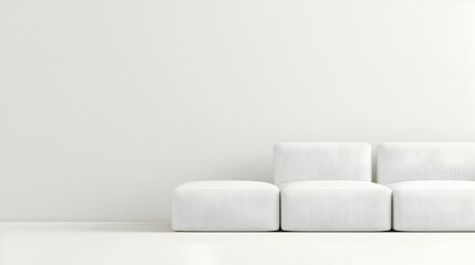 Minimalist white sofa in bright room, empty wall background, interior design mockup
