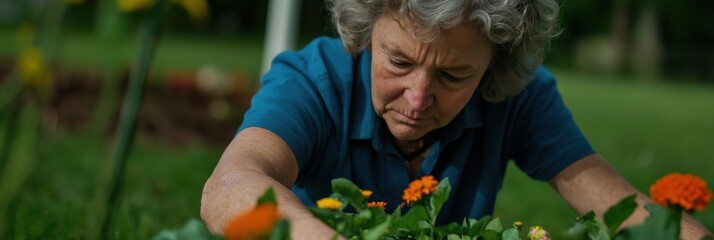 An elderly woman dedicating her time to meticulously tending to vibrant flowers in her beautiful garden, showcasing her love for gardening and care for nature.