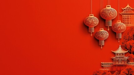Celebrating chinese new year with traditional lanterns and architecture vibrant red background digital art cultural festivities abstract view