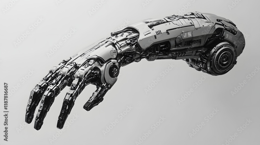 Poster a detailed image of a complex robotic arm design