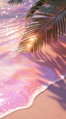 A serene beach scene with shimmering water and palm fronds casting gentle shadows.