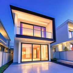 The exterior of the structure showcases vibrant colors and geometric precision. Blue glass windows mirror the sky, enhancing the building’s contemporary and artistic design