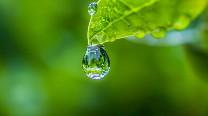 a single dewdrop hangs delicately from the tip of a green leaf