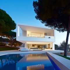 A grand villa with elegant architecture, featuring a serene garden, a crystal-clear pool, and tall trees, all beneath a breathtaking sky of endless blue