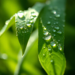 A close-up macro shot of dew-covered green leaves, glistening in the early morning light. The droplets reflect the soft sunlight, creating a sparkling effect, with a soft, blurred green background. Th